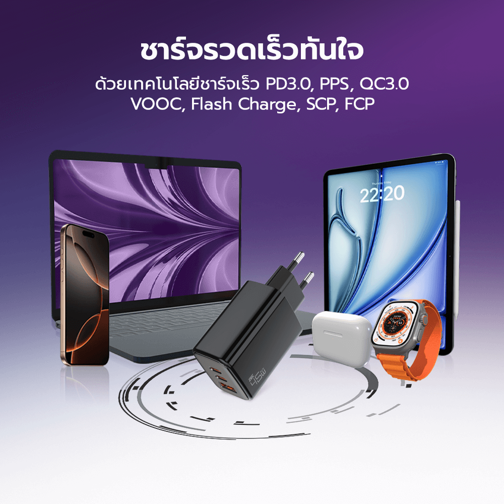 หัวชาร์จ 45W ZTEC ZA452 รองรับเทคโนโลยีชาร์จด่วน PD ขาปลั๊กไทย ได้รับมาตรฐาน มอก.